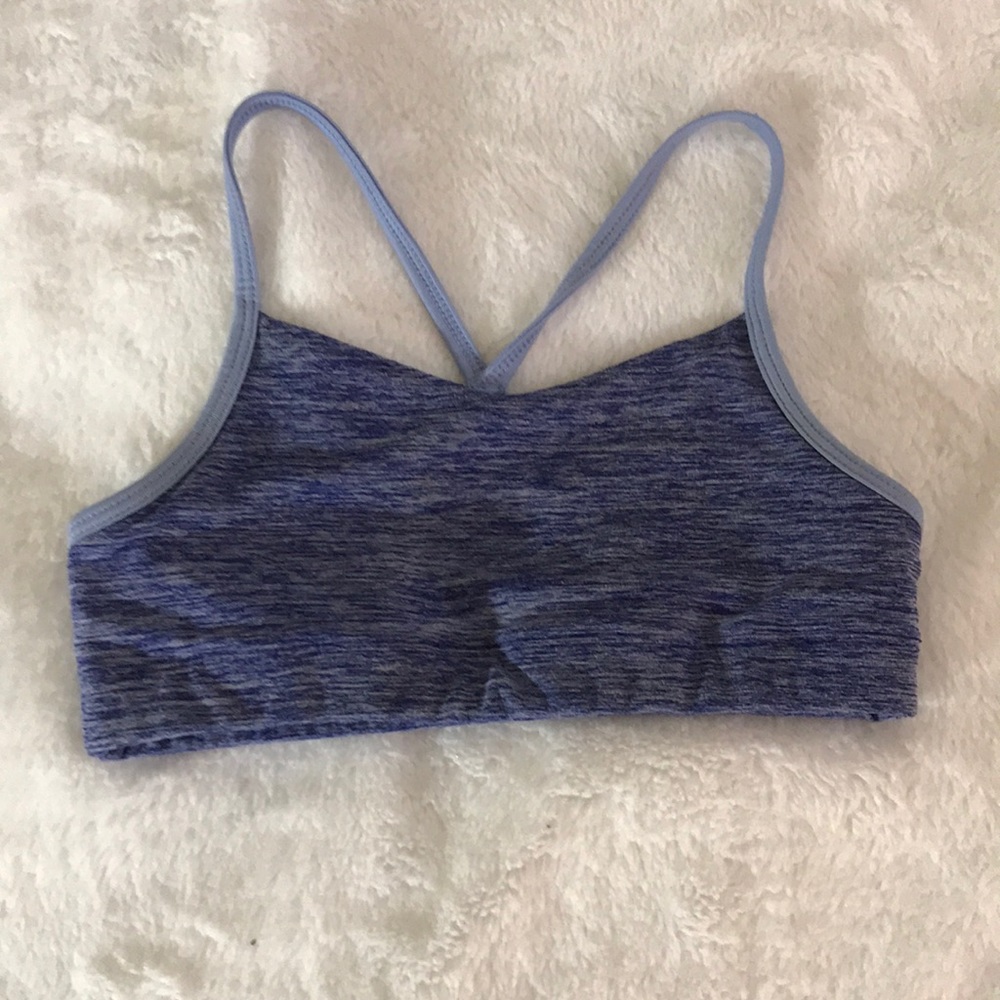 Purple and white sports bra